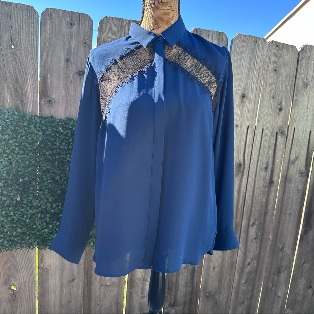 Lovely Gerard Darel Corn Flower Blue w/ Sheer Lace Collar Bone Reveal Blouse
